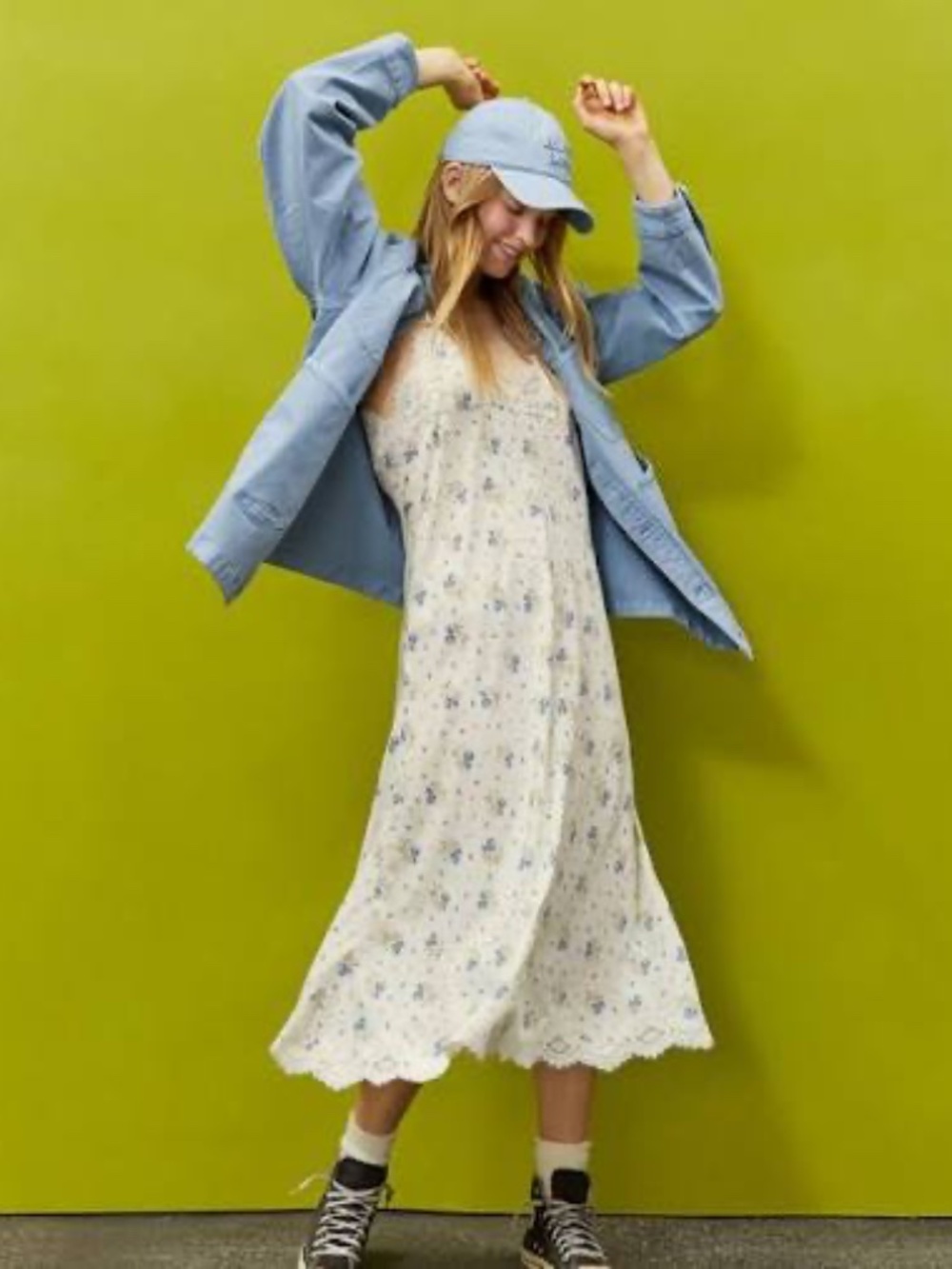NEW Aerie x Emily + Meritt Satin Slip Dress Sea Salt XS Floral Midi WHITE BLUE